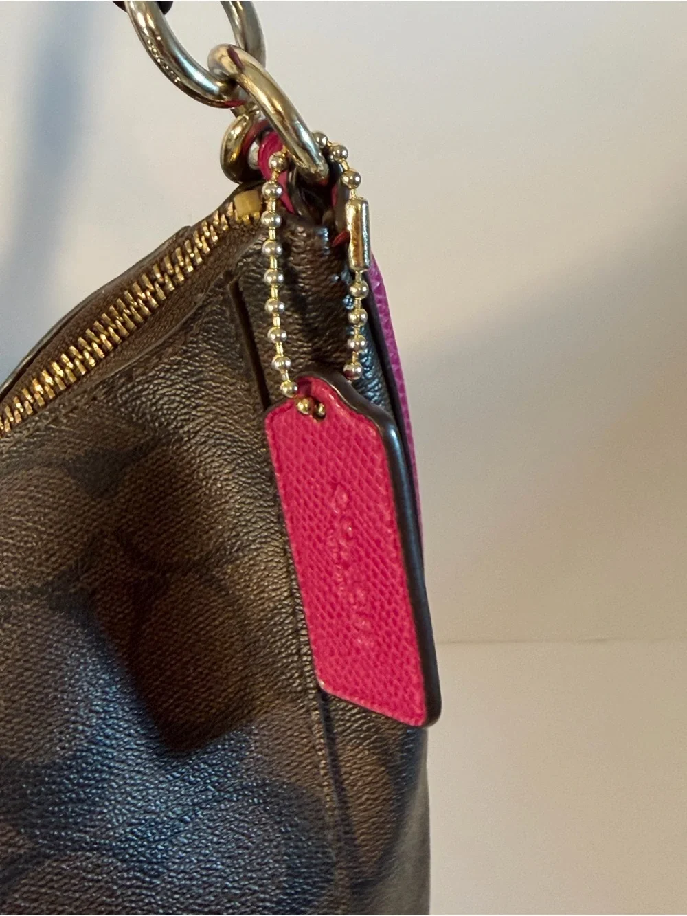 Coach Celeste Convertible Brown Signature Hobo with Fuchsia Leather Accents